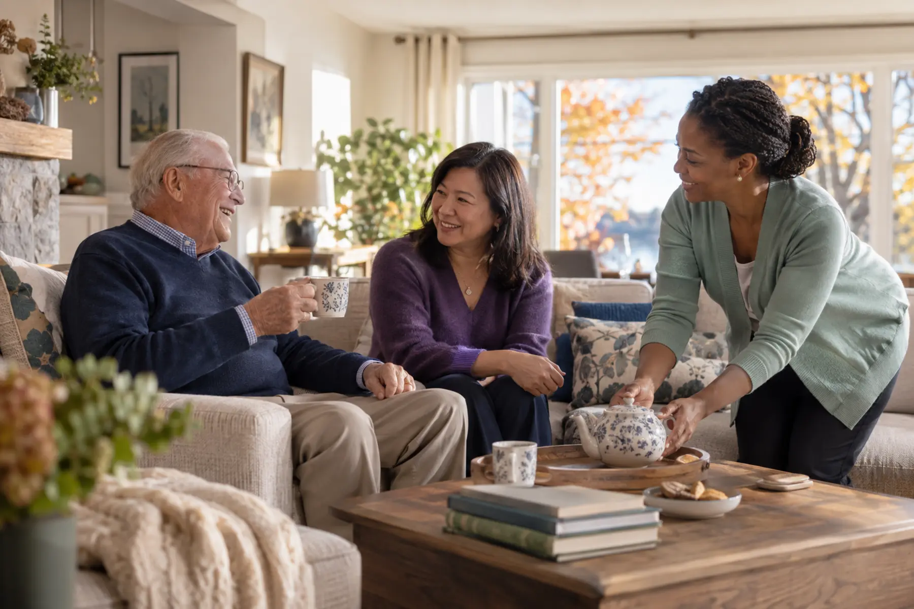A senior, a family member, and a care professional sharing tea together at home