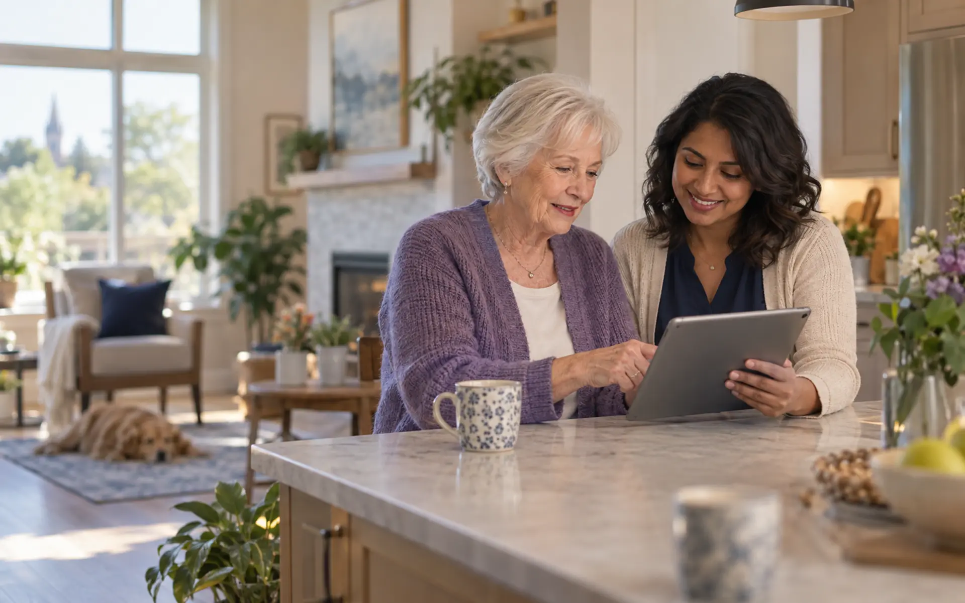 A senior and a care professional looking at a tablet together in a bright home