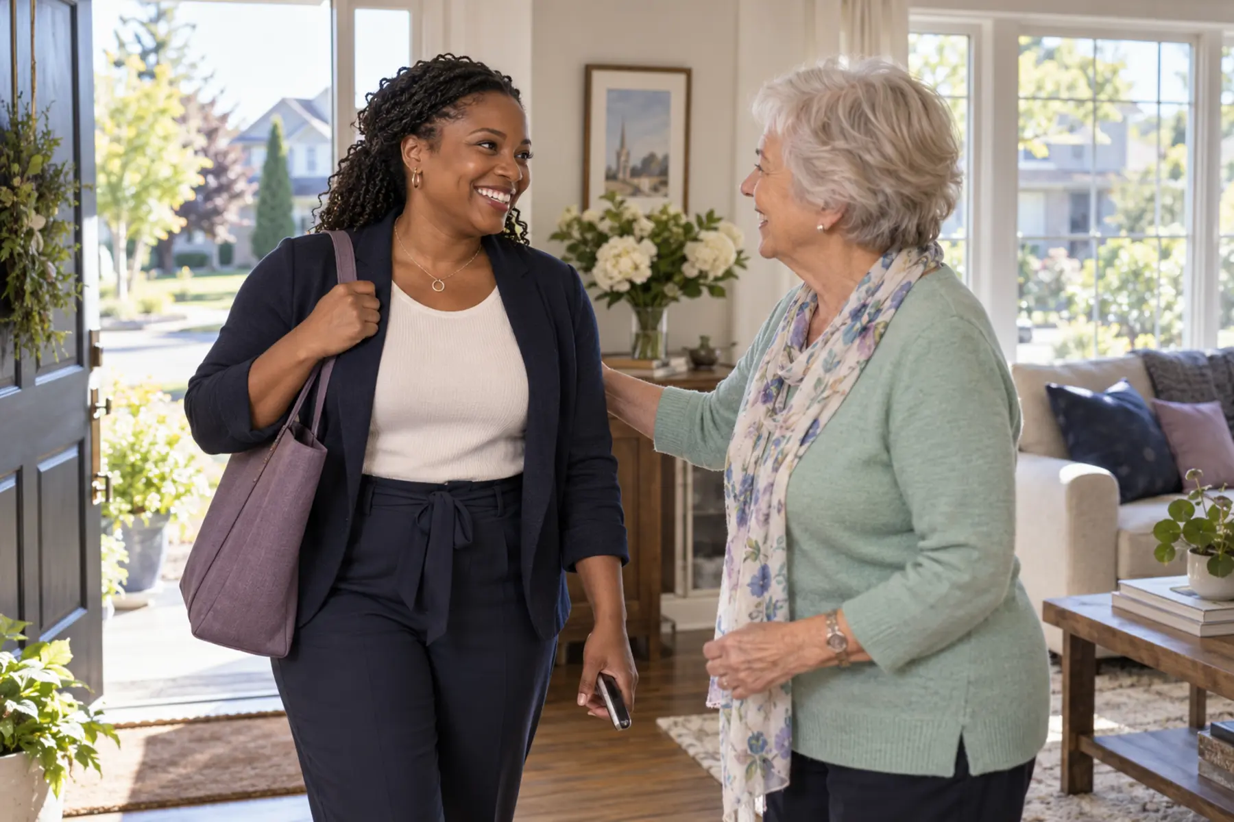 A care professional welcomed at the door of a senior’s home
